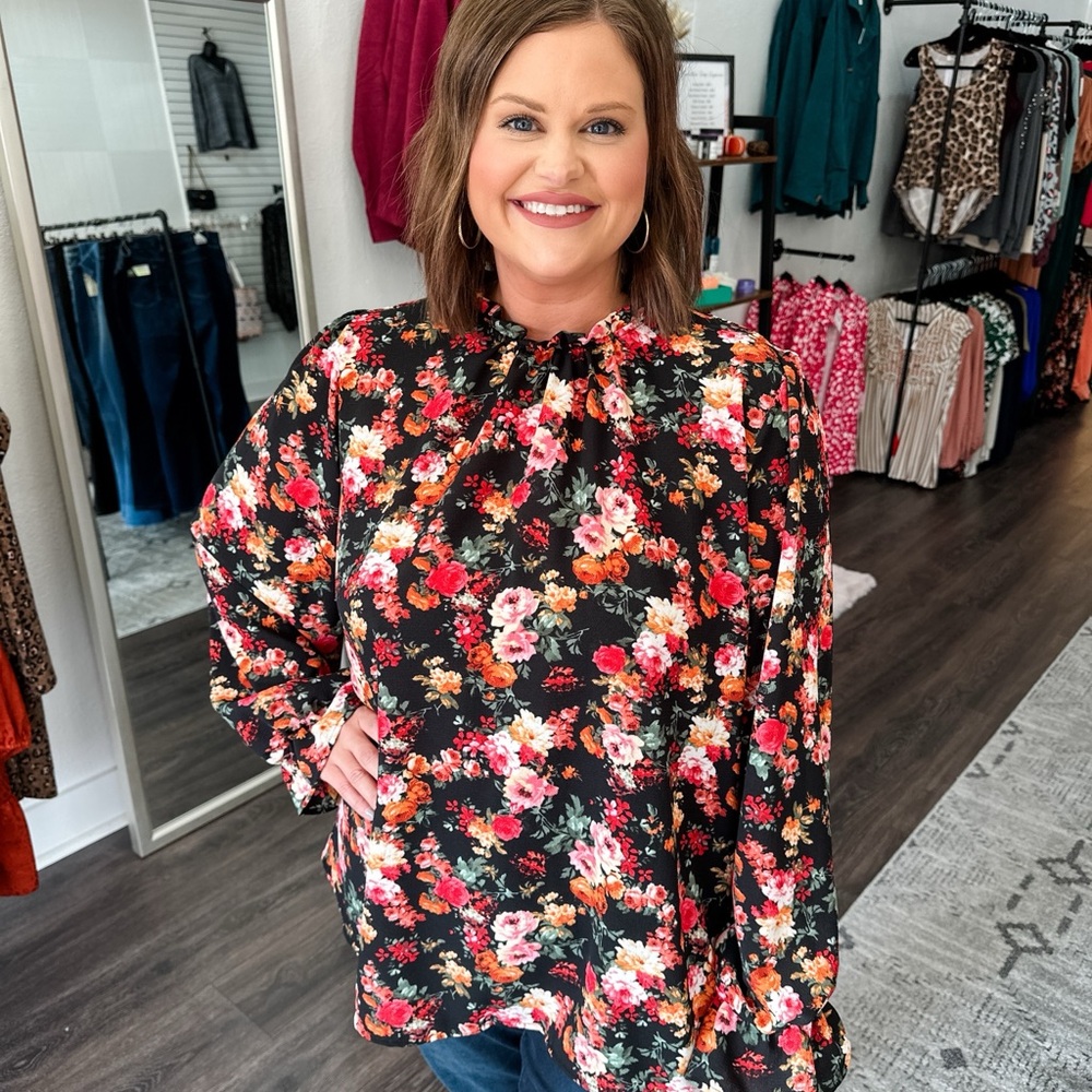 Black Floral Ruffle Accent Top
